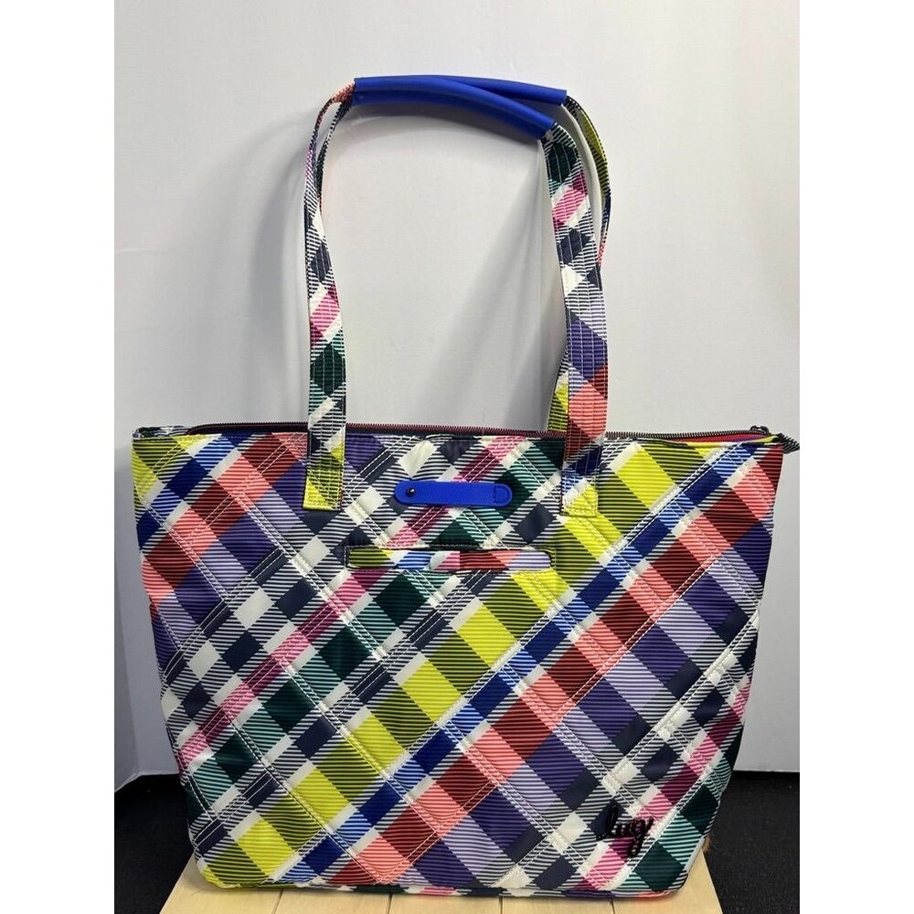 Lug Skyliner Tote Bag Pink Plaid Multi-Color With Zip Closure & Inner Compartmen